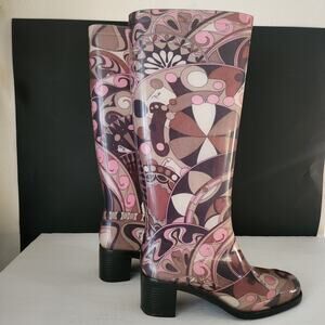 Vtg Emilio Pucci Psychedelic Pink & Brown Knee High Rain Boots Sz 8  Y2K  60's